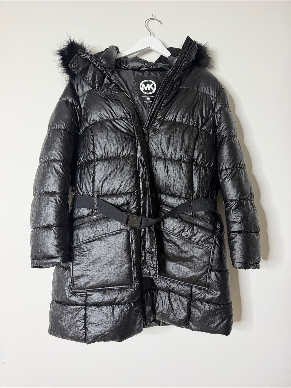 MICHAEL Michael Kors Black 2X Plus Belted Quilted Puffer Coat Hood Winter Jacket